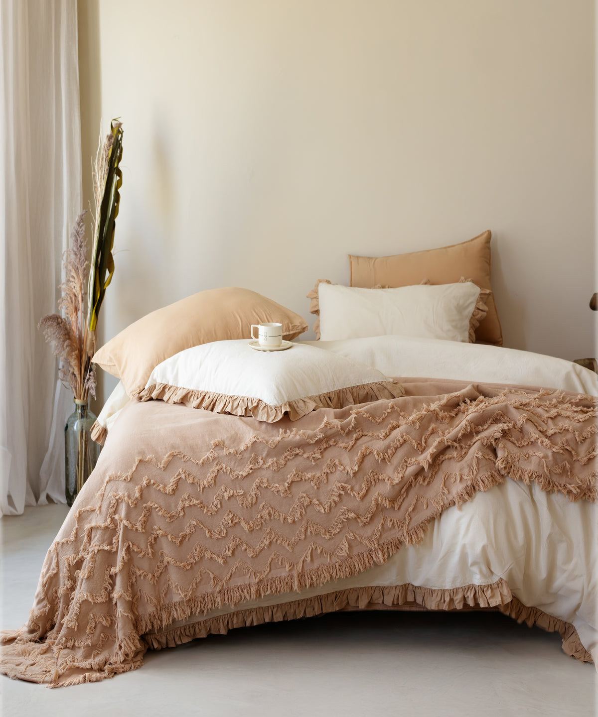 LIMASSO %100 Pamuk Stonewashed Fırfırlı Nevresim Takımı - Odesia Beige