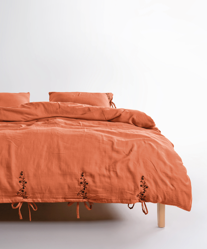 LIMASSO %100 Pamuk Stonewashed Müslin Nakışlı Nevresim Takımı - İra Mecca Orange
