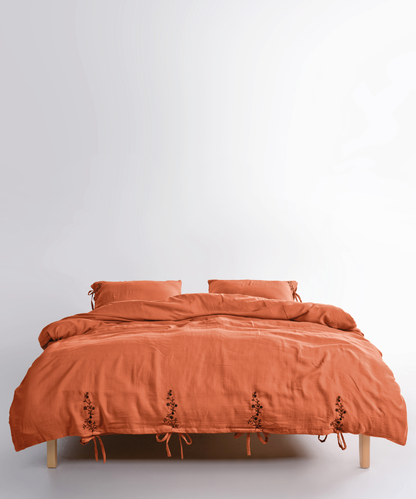 LIMASSO %100 Pamuk Stonewashed Müslin Nakışlı Nevresim Takımı - İra Mecca Orange