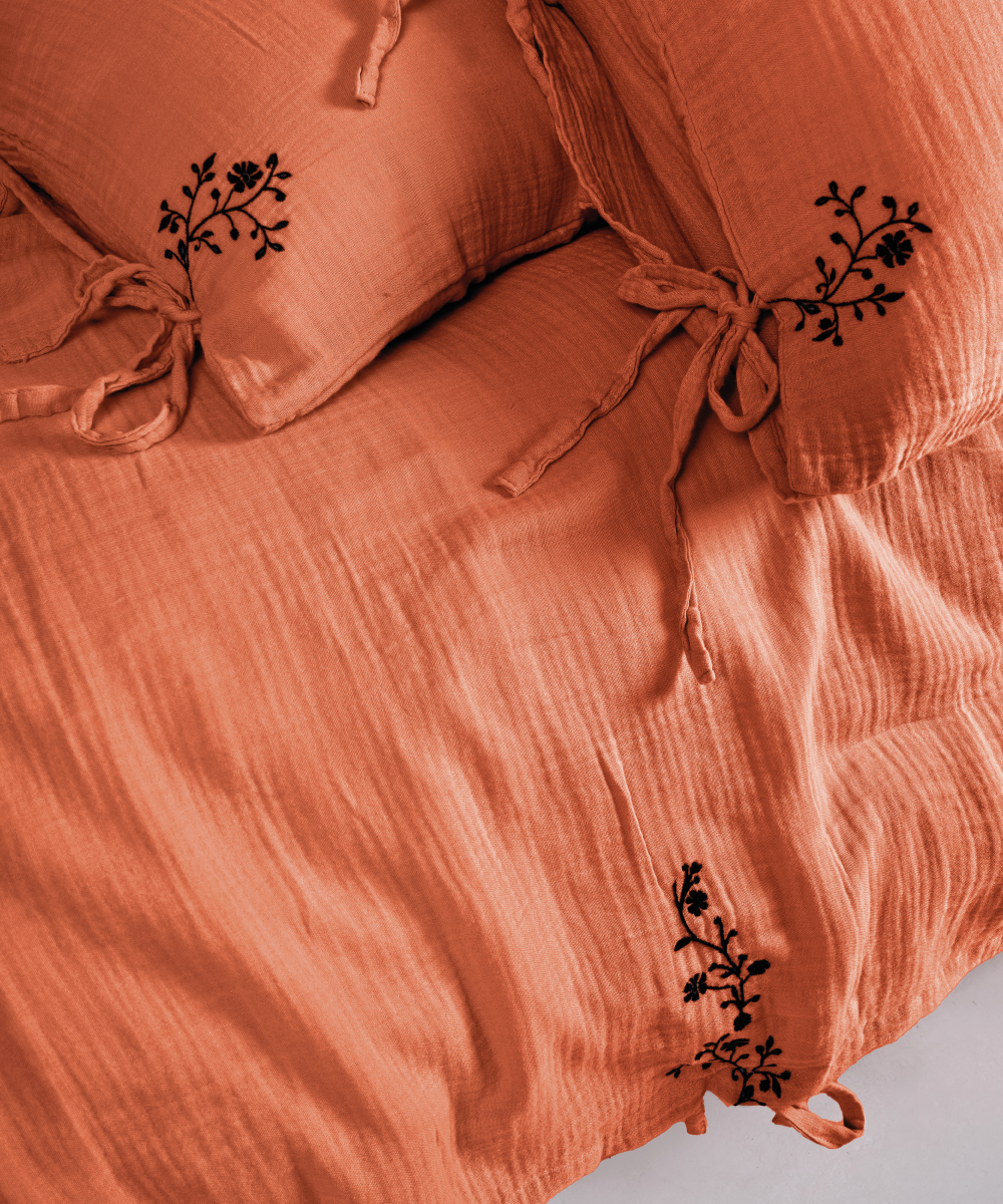 LIMASSO %100 Pamuk Stonewashed Müslin Nakışlı Nevresim Takımı - İra Mecca Orange