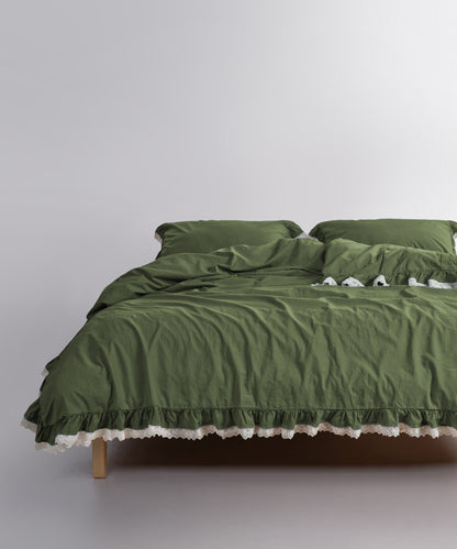 LIMASSO %100 Pamuk Stonewashed Fırfırlı ve Güpürlü Nevresim Takımı - Dora Capulet Olive