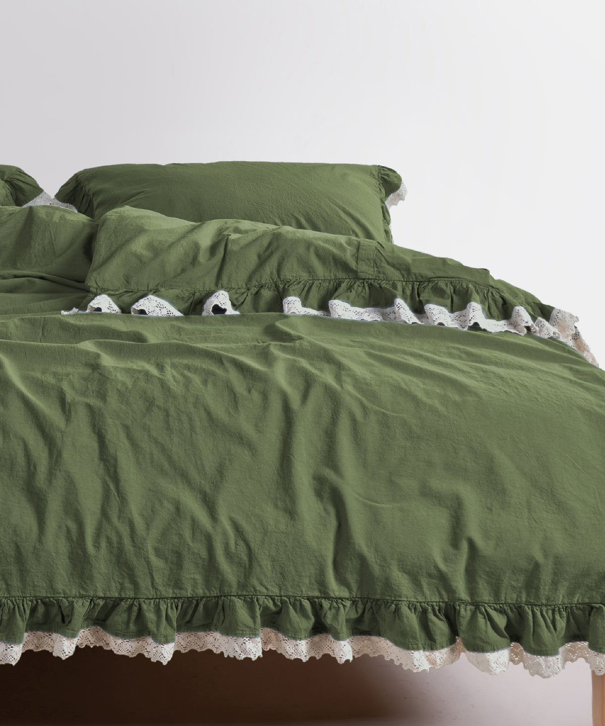 LIMASSO %100 Pamuk Stonewashed Fırfırlı ve Güpürlü Nevresim Takımı - Dora Capulet Olive