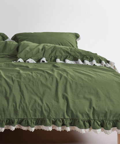 LIMASSO %100 Pamuk Stonewashed Fırfırlı ve Güpürlü Nevresim Takımı - Dora Capulet Olive