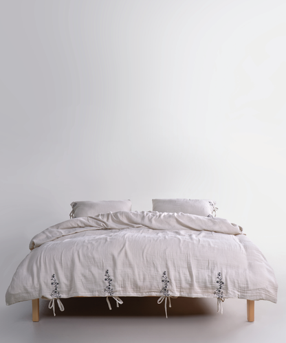 LIMASSO %100 Pamuk Stonewashed Müslin Nakışlı Nevresim Takımı - İra Natural Cream