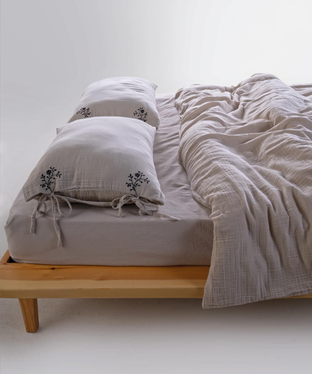 LIMASSO %100 Pamuk Stonewashed Müslin Nakışlı Nevresim Takımı - İra Natural Cream
