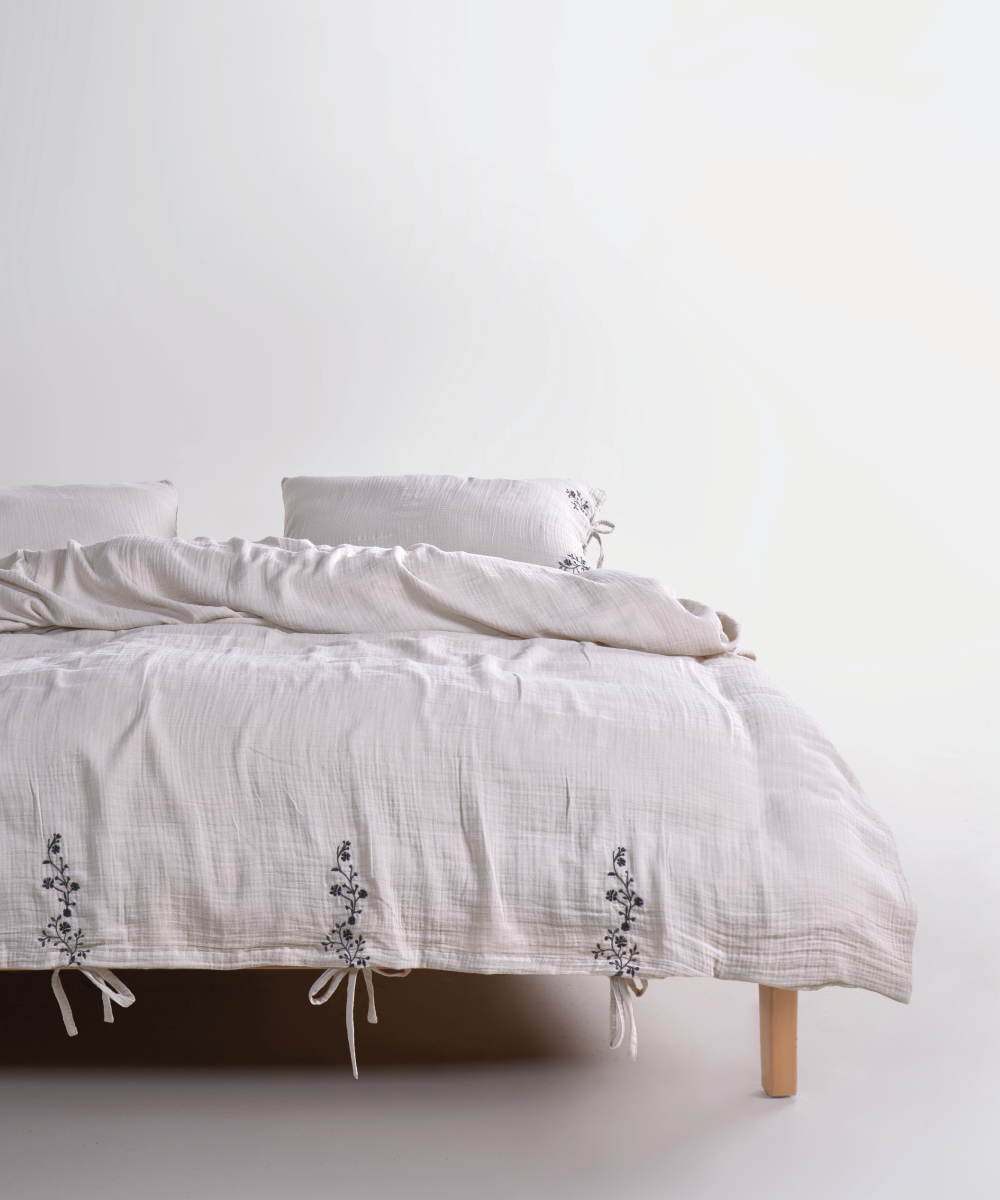 LIMASSO %100 Pamuk Stonewashed Müslin Nakışlı Nevresim Takımı - İra Natural Cream