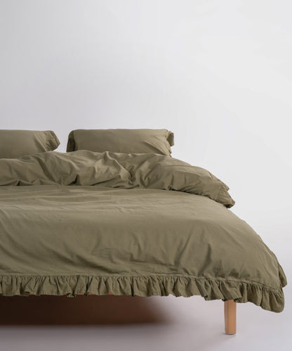 Olive yeşili stonewashed fırfırlı çift kişilik nevresim takımı